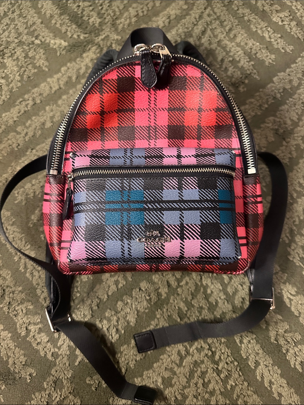 Coach Plaid Mini Backpack In Red, Pink & Blue